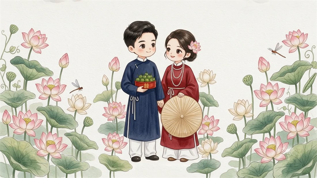 Tranh minh hoạ Đình Thi và Thùy Lam giữa đầm sen